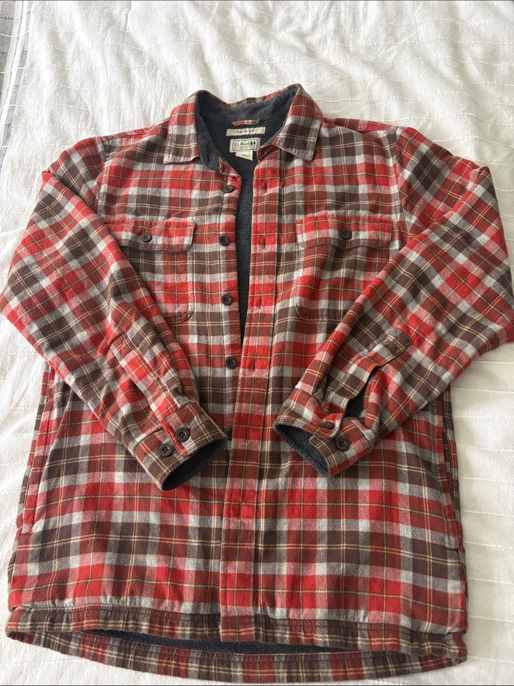 L.L. Bean Red Brown Plaid Flannel Shirt Jacket